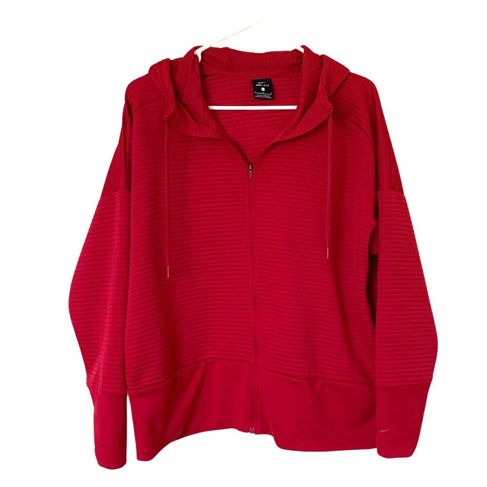 Nike Dri- Fit Full Zip Hoodie Size L Red Logo Sleeve & Back Hem
